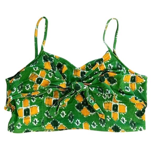 Aerie Aztec Print Crop Top Smocked Front Tie Tank Top Green Yellow Size XL - Picture 4 of 8